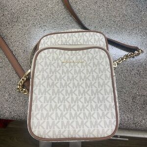 Michael Kors Cream/Tan MK Logo Crossbody with Gold Hardware